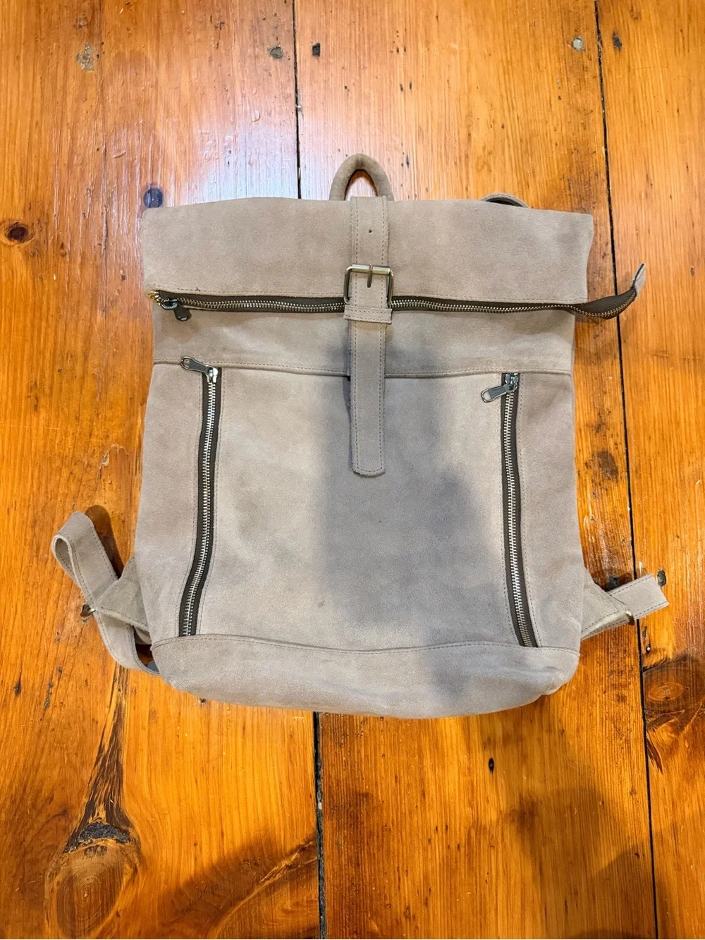 Genuine Suede Leather Taupe Backpack Slouchy Convertible Foldover Bag